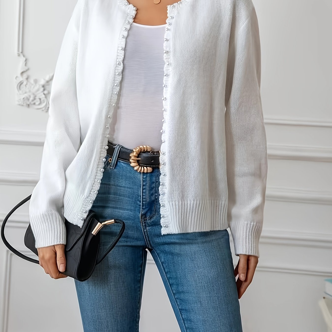 Women's Oversized Cozy Knit Cardigan with White Trim Navy Blue Winter Layering