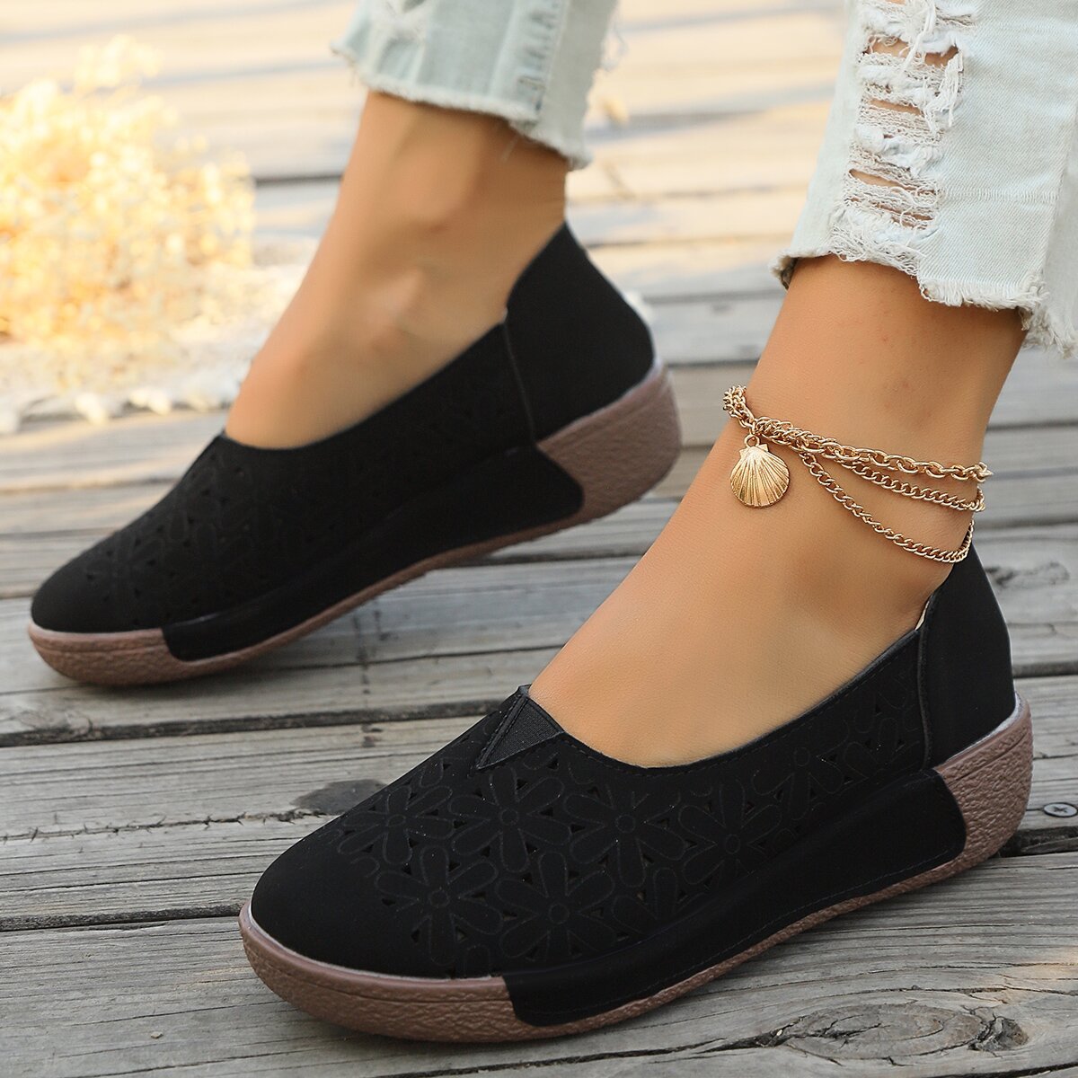 Women's Black Retro Penny Loafers Slip-On Cushioned Rubber Sole Formal Shoes