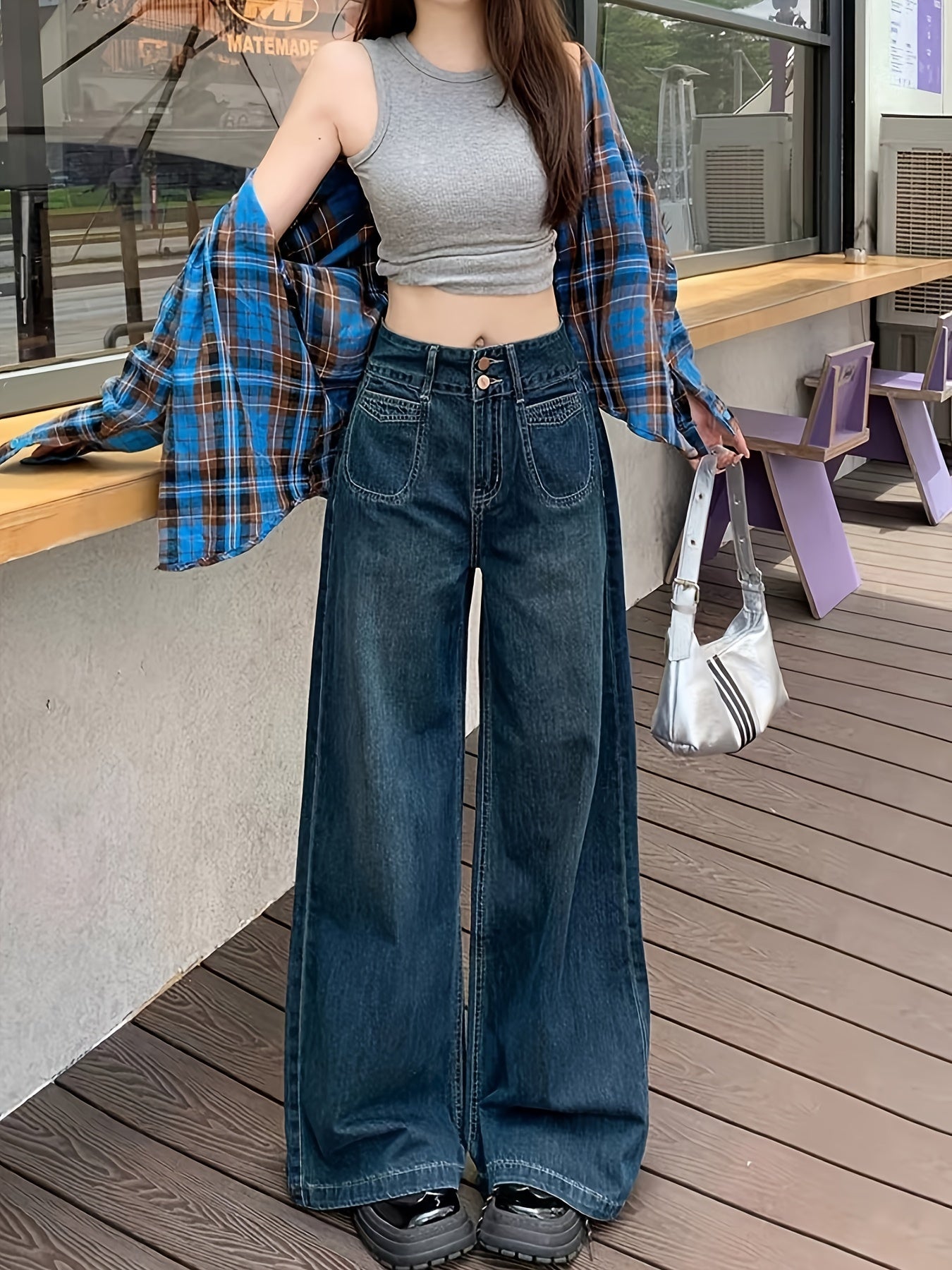 Jeans de campana de pierna ancha para mujer de mezclilla de longitud larga y cintura alta, estilo casual