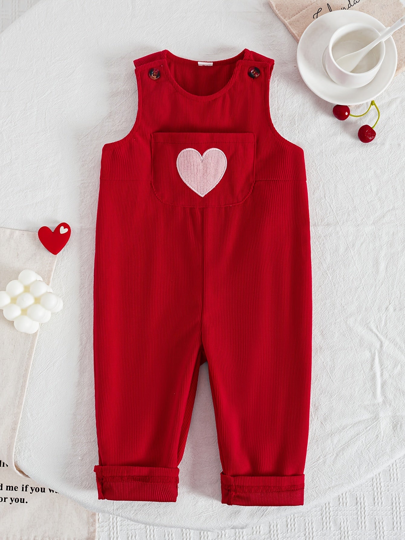 Baby Girl Red Jumpsuit with Heart Embroidery Polyester Casual Winter Outfit