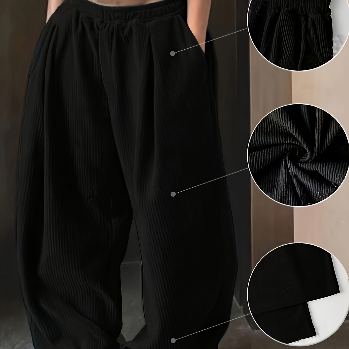 Plus Size Women's Pink Corduroy Wide-Leg Pants Elastic Waist Casual Semi-Formal