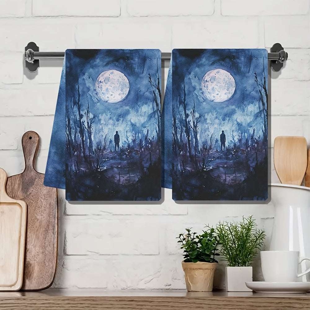 Set of 2 Ultra Soft Kitchen Towels, Supernatural Night Theme, 40x60 cm