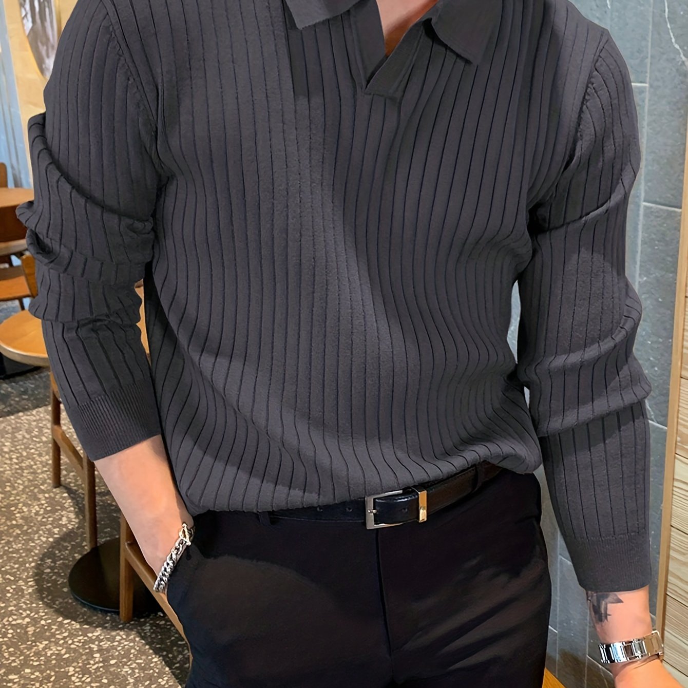 Men's V-Neck Sweater for Autumn and Winter Knit Fabric Solid Color Casual