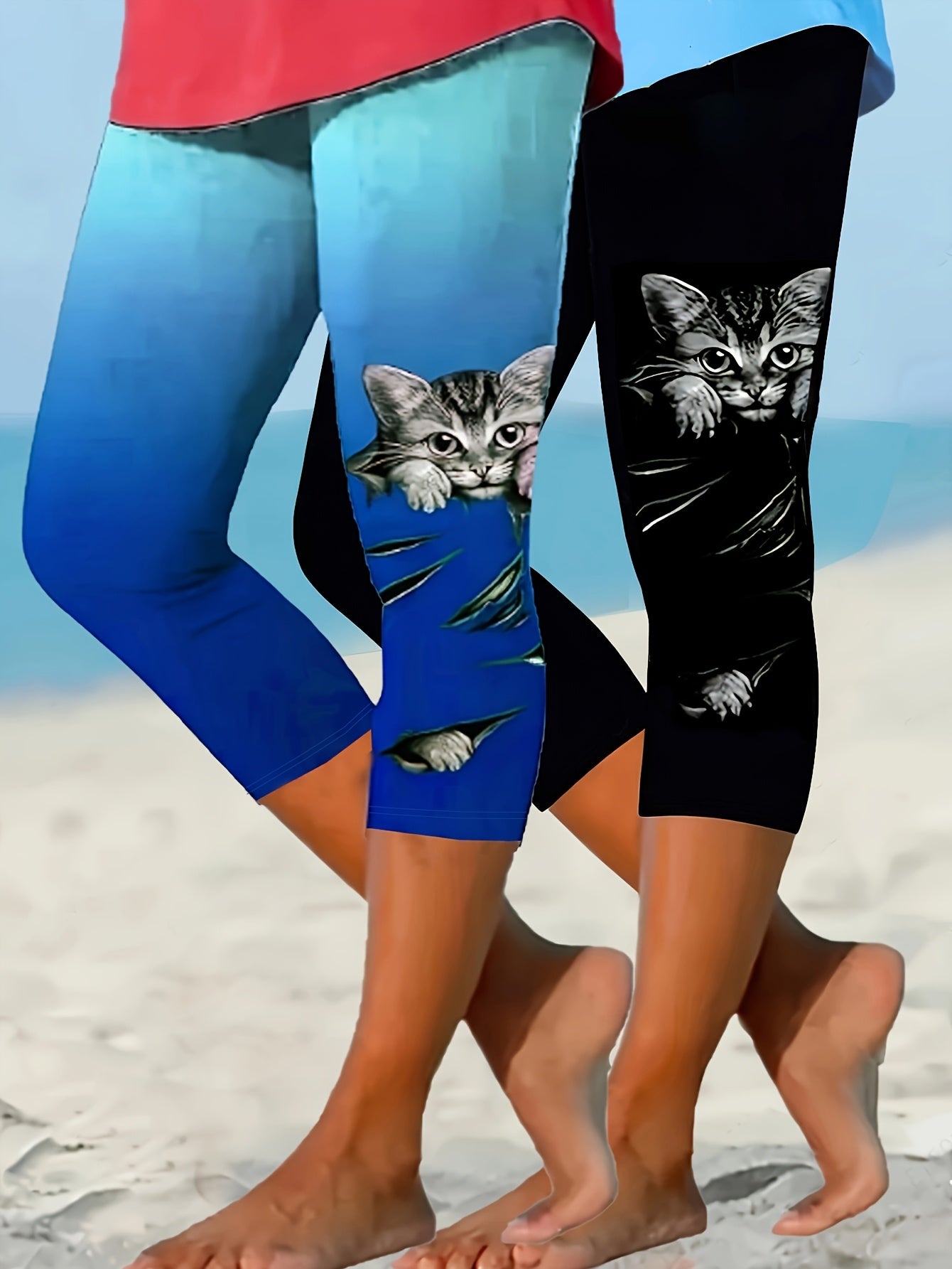 Women Plus Size Cat Print Capri Pants Fitted Comfortable Stretchable