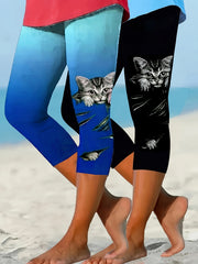 Women Plus Size Cat Print Capri Pants Fitted Comfortable Stretchable