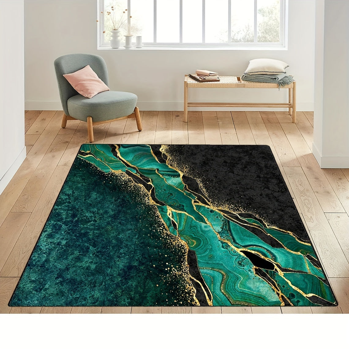Green Abstract Area Rug Non-Slip Stain Resistant Machine Washable Polyester Floor Mat for Living Room Kitchen