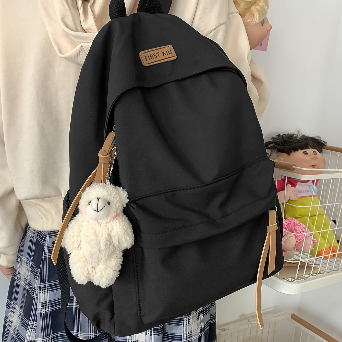 Yoshlar va ayollar uchun qora naylon sumka, yumshoq o'yinchoq charm bilan, yengil, sozlanadigan, kollej, ofis, sayohat uchun