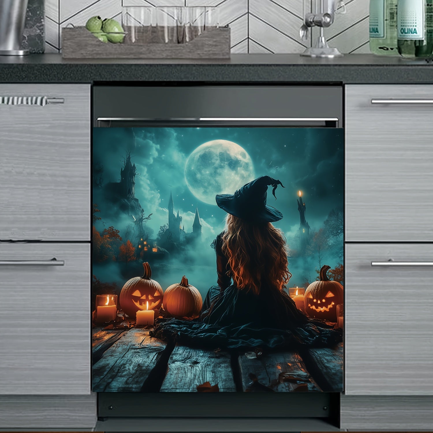 Black Night Full Moon Pumpkin Head Magnetic Sticker Decorative Kit Waterproof Reusable 58.5cm x 65cm