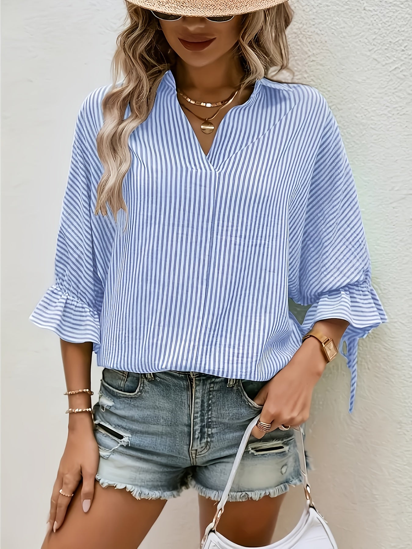 Plus Size Women's Striped Flared Sleeve Tie Back Shirt Vacation Wear