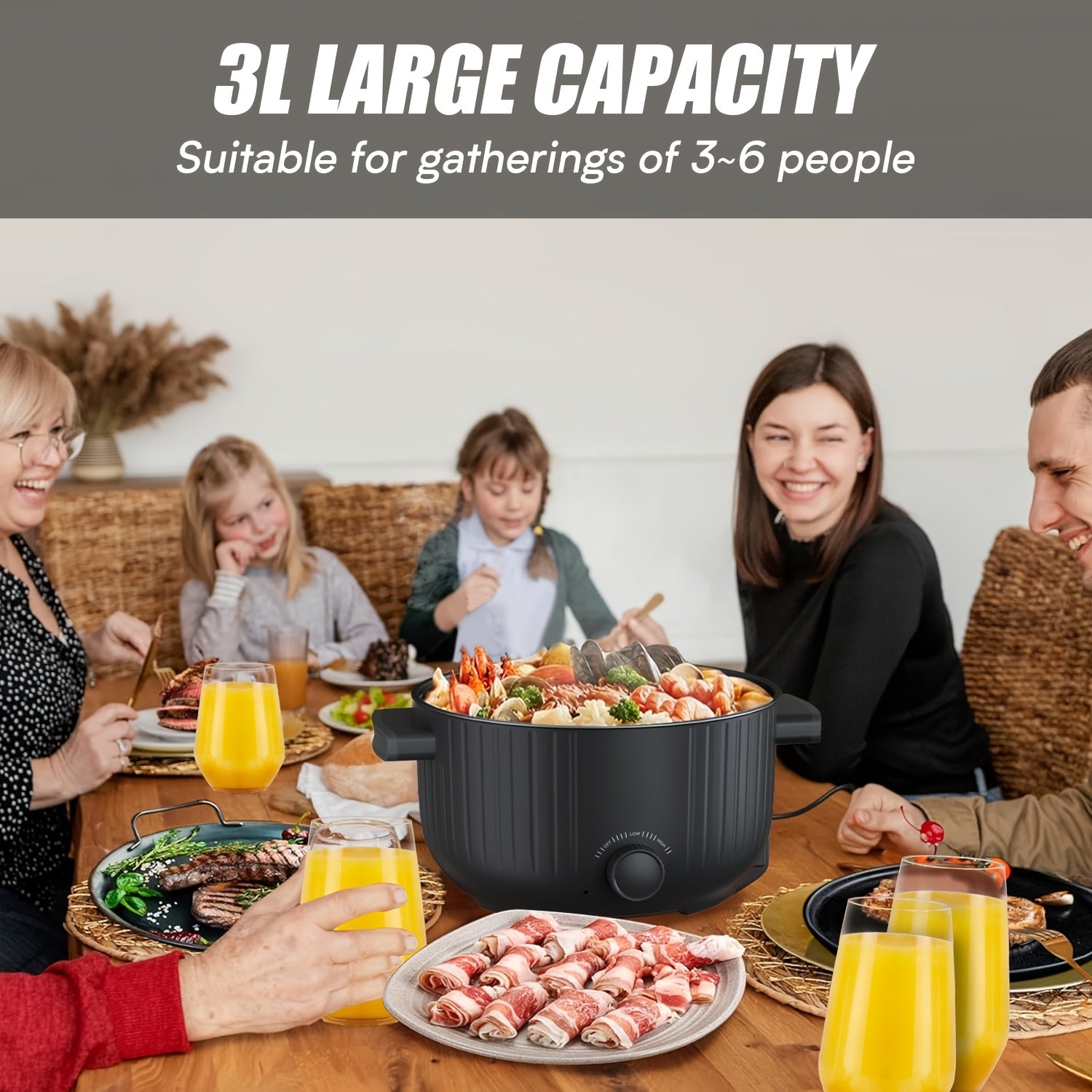 Electric Cooking Pot 3L 1000W Non-Stick Steaming Soup Noodles Portable for Dorms Offices Travel