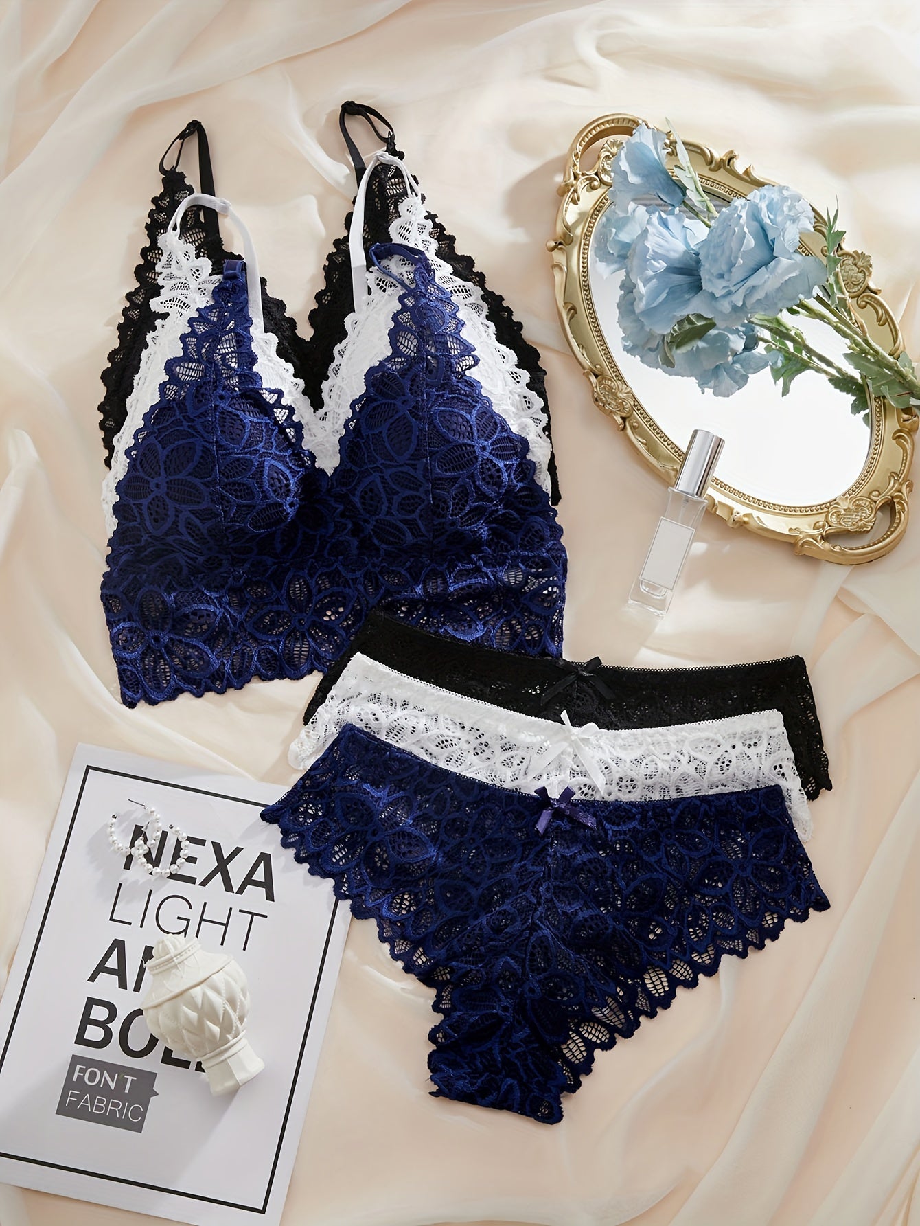 3-qismli romantik gullar bilan bezatilgan dantel ichki kiyim to'plami ayollar uchun