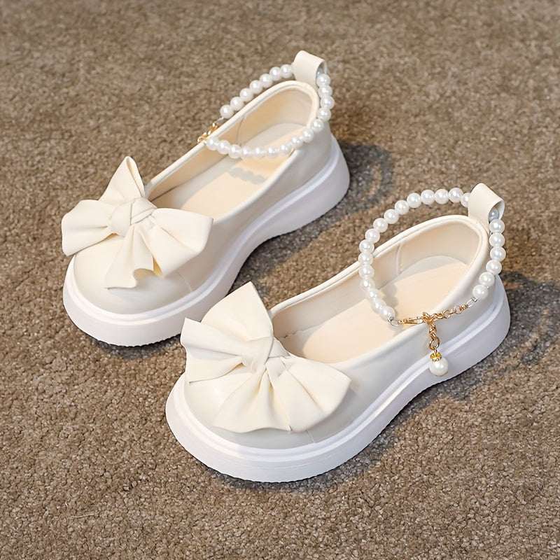 Girls' PU Mary Jane Flats with Pearl and Bow Accents for Parties and Casual Wear