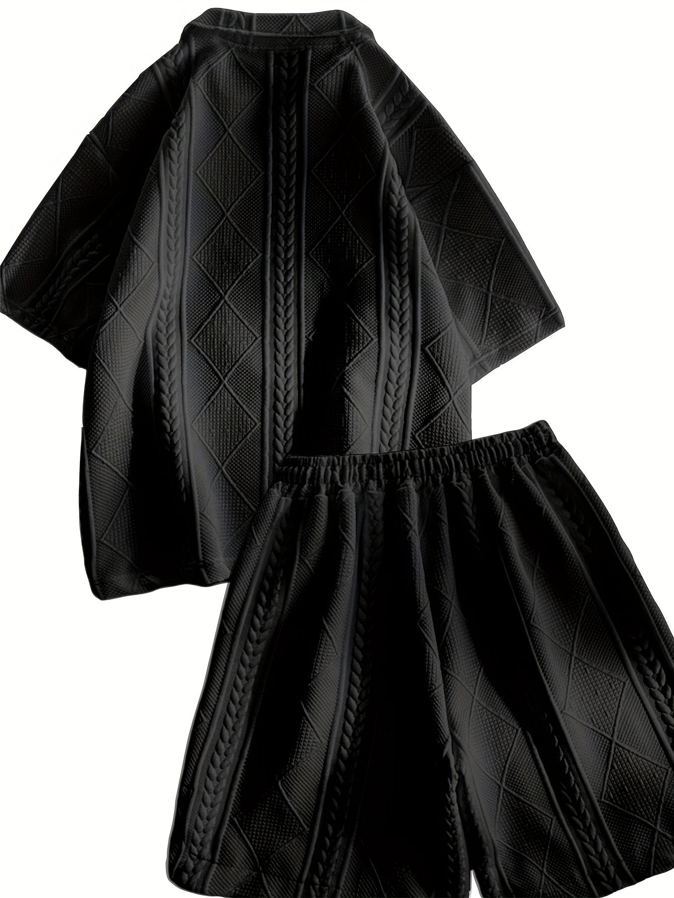 Men's Short Sleeve Jacquard Summer Suit Two-Piece Zipper Closure Casual