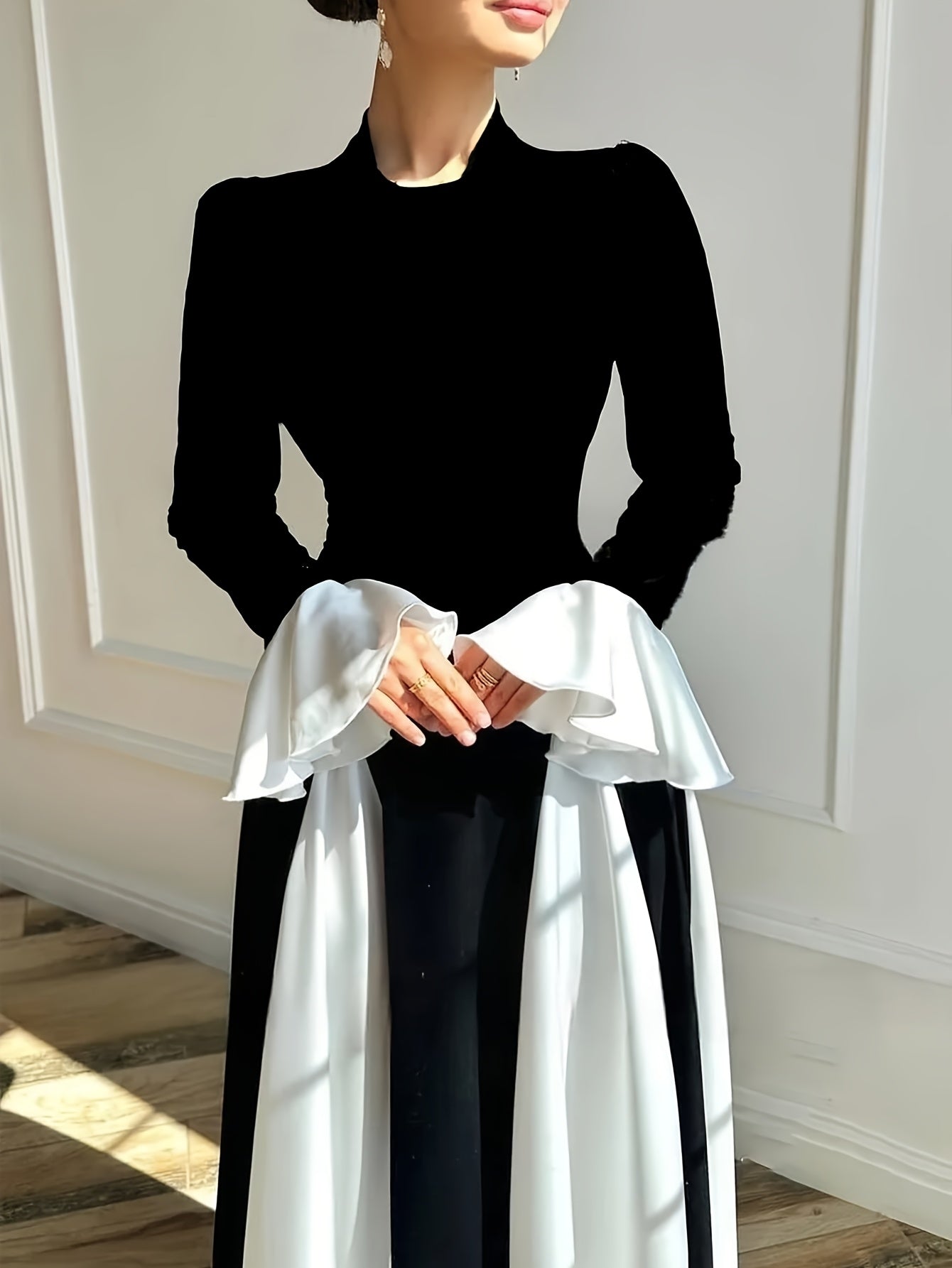 Adult Solid Color Polyester Crew Neck Long Dress Elegant Fitted All Season