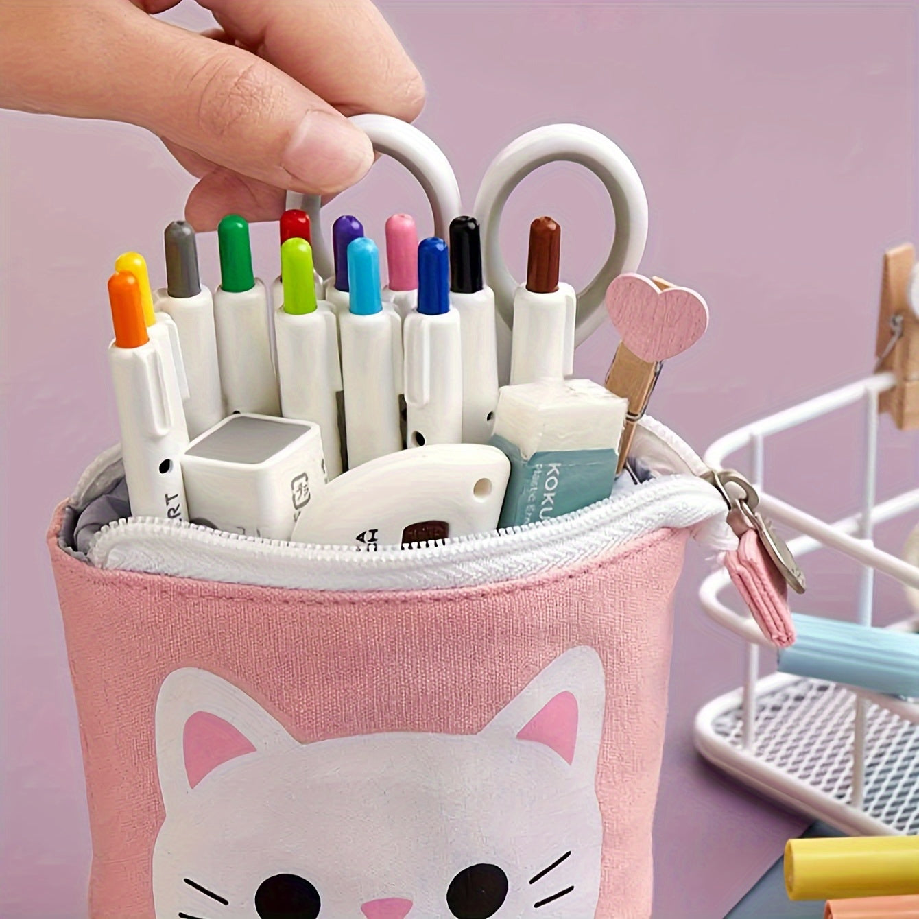 Canvas Cat Pencil Case with Zipper, Expandable, 2-in-1 Telescopic Pouch for Students