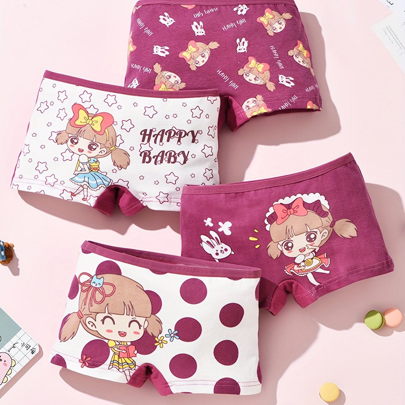 Girls Cotton Boxer Briefs 4-Pack with Cartoon Prints Breathable Sweat-Absorbent All-Season