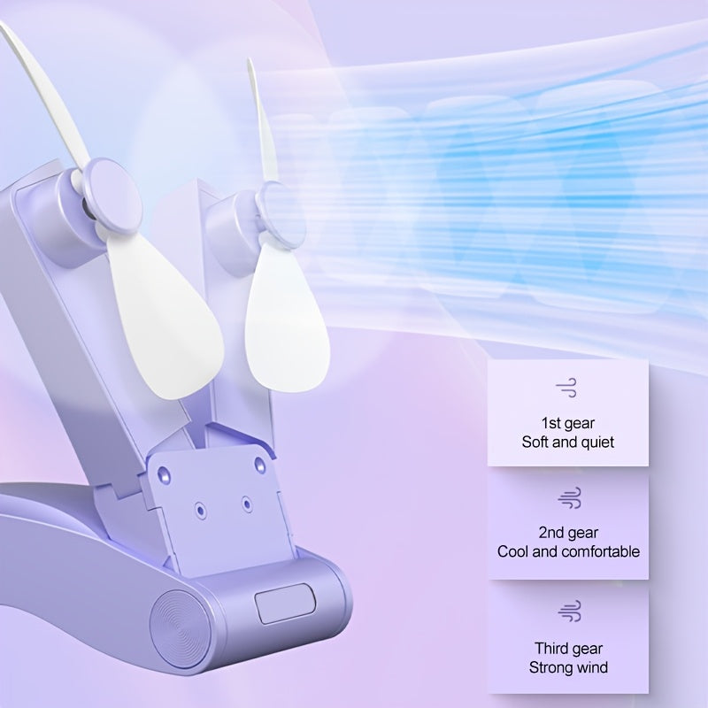 Mini fan with dual heads, strong wind, long-lasting battery, USB rechargeable, lightweight cooling