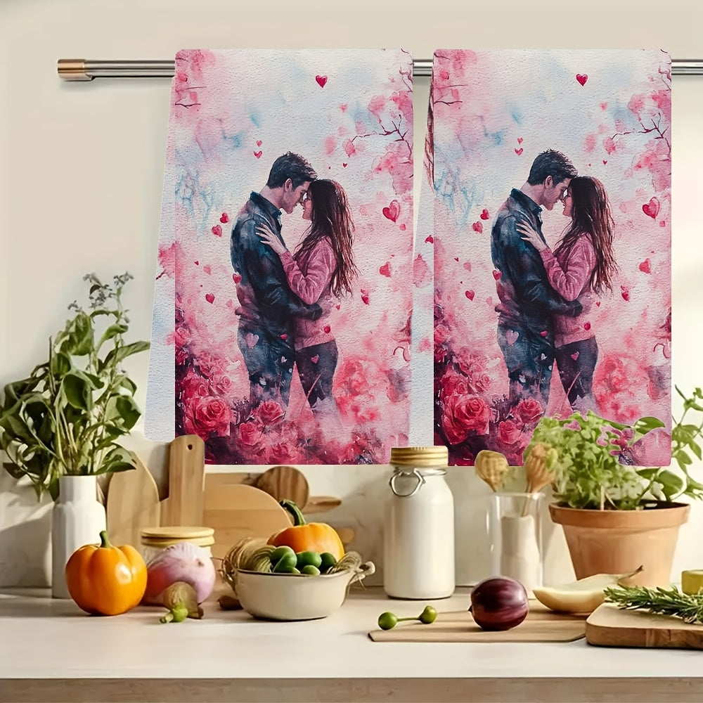 Set of 2 Soft Kitchen Towels Cherry Blossom Heart Design 40x60cm Absorbent