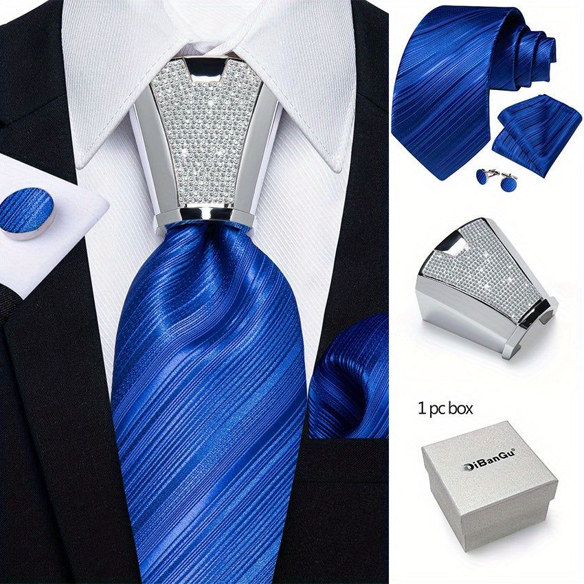 Men's Business Accessory Set with Silver Ring Cufflinks and Handkerchief
