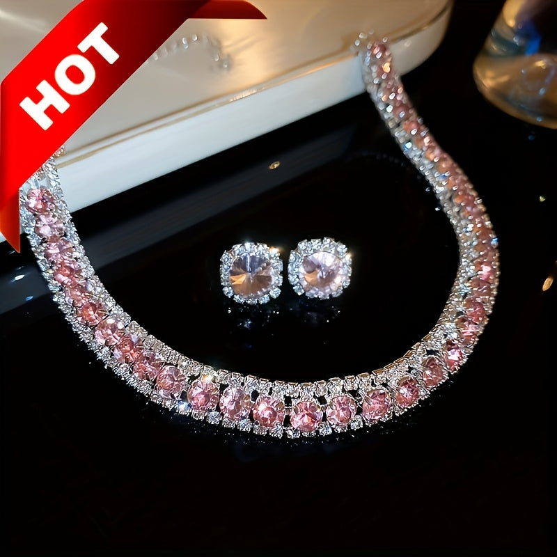 Emerald Crystal Jewelry Set for Women Necklace and Earrings Silver Plated Party Everyday