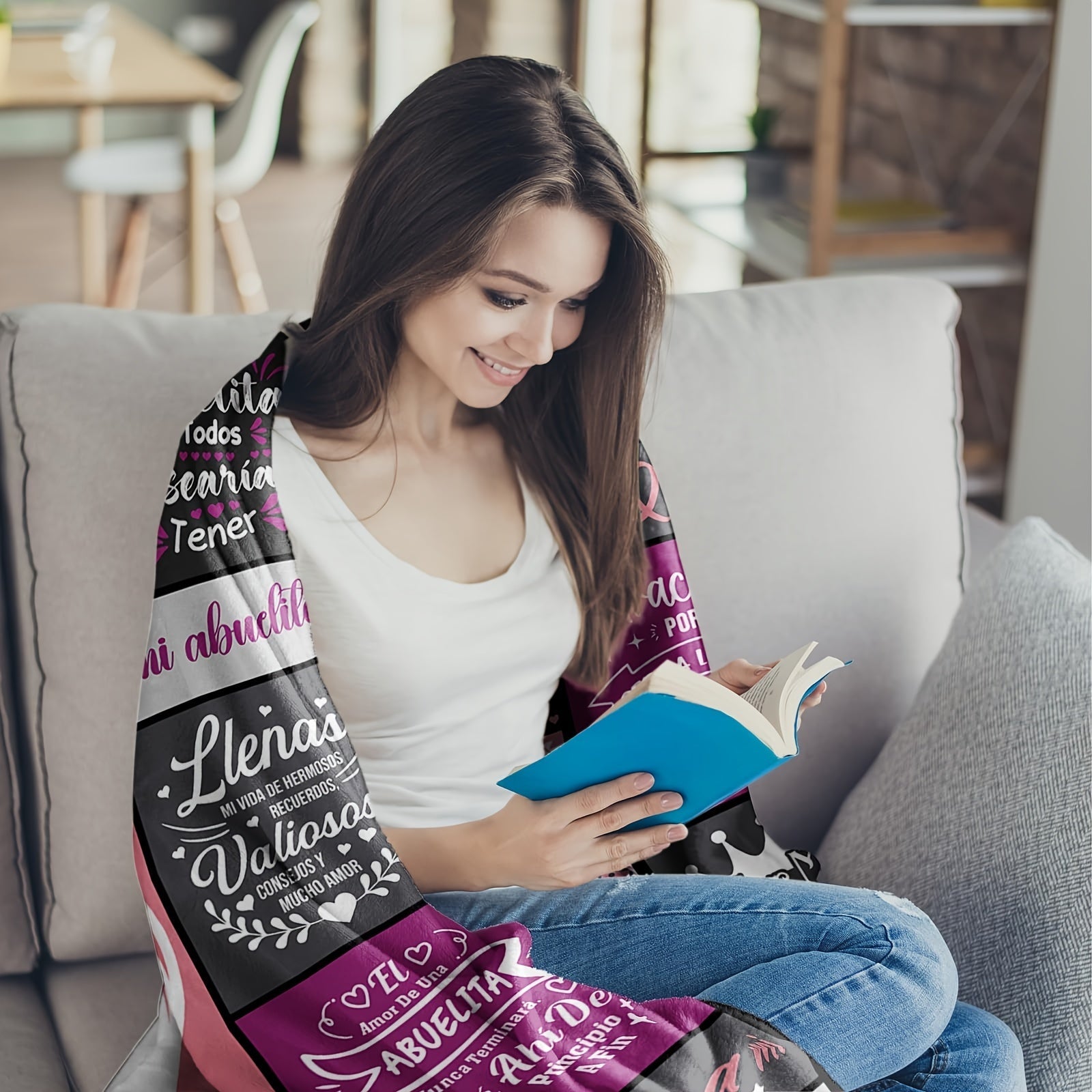 Pink Flannel Throw Blanket with Spanish Phrases for Grandma, Machine Washable, Floral Knitted Gift