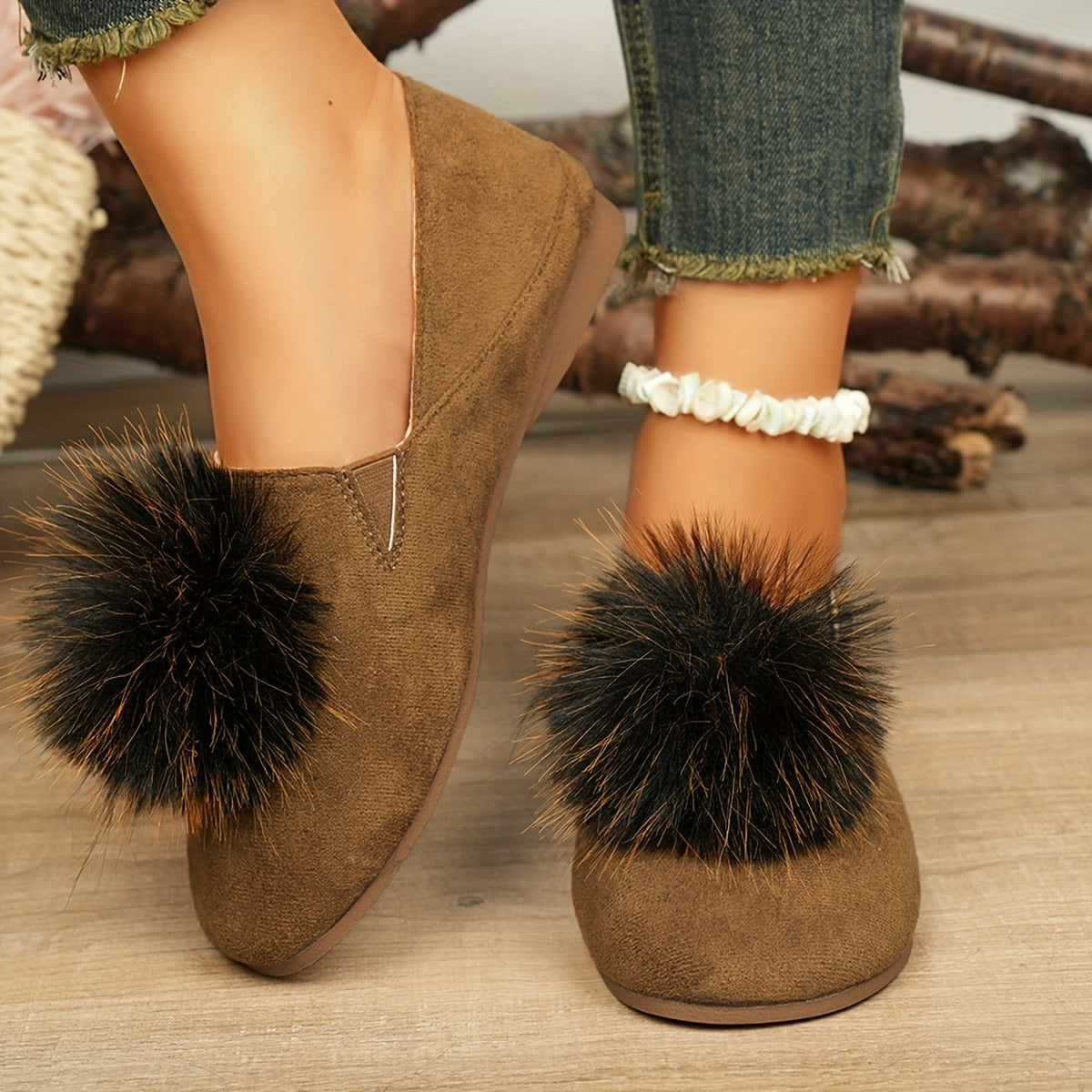 Women's Casual Flats with Pom Poms Solid Color Slip-On Shoes
