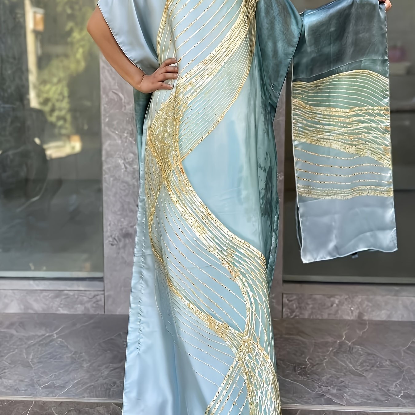 Plus Size Floral Maxi Dress with Scarf Light Blue Gold Short Sleeve Summer