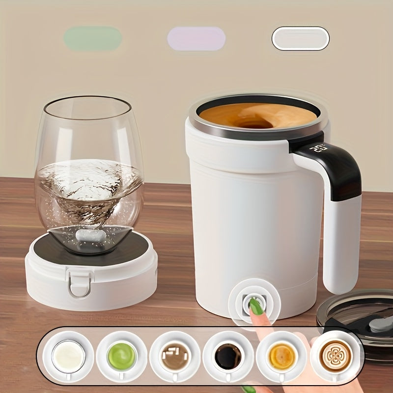 Self-Stirring Travel Mug with Temperature Display and Straw Creamy White