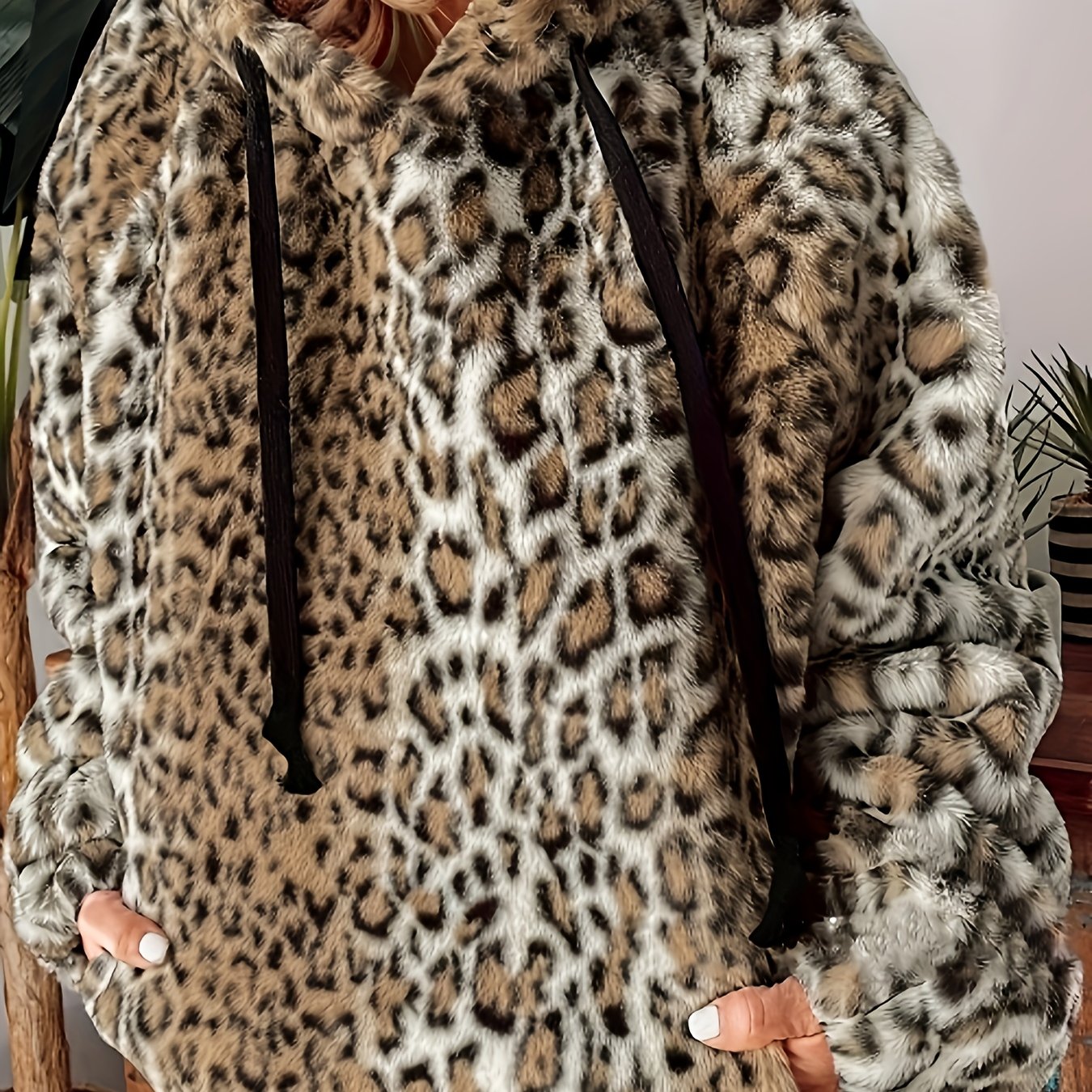Sudadera con capucha peluda de estampado de leopardo para tallas grandes para mujer, sudadera casual de otoño e invierno