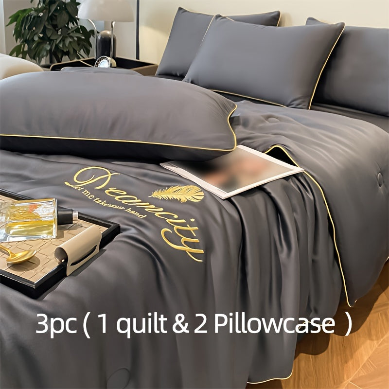 Summer Cooling Quilt Set with Embroidered Microfiber Pillowcases and Quilt