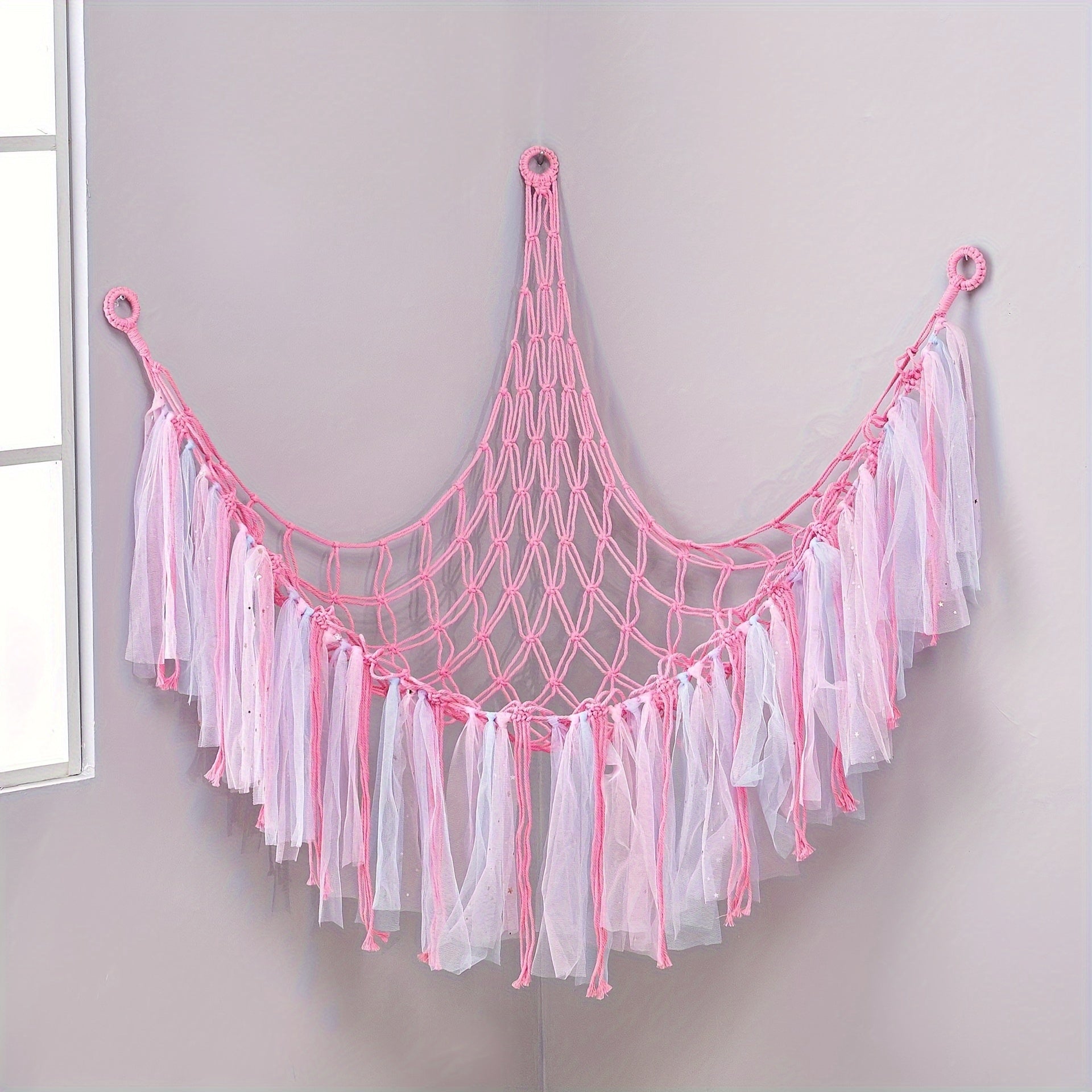 Handwoven Fabric Triangle Hammock for Dolls and Plush Toys with Corner Storage Net