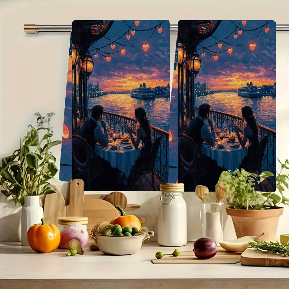 Set of 2 Soft Kitchen Towels with Romantic Dinner Cruise Scene