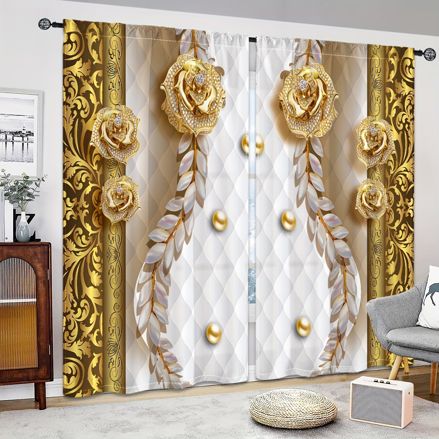 3D Golden Flower Semi Blackout Curtains Set for Bedroom Living Room Kitchen Office
