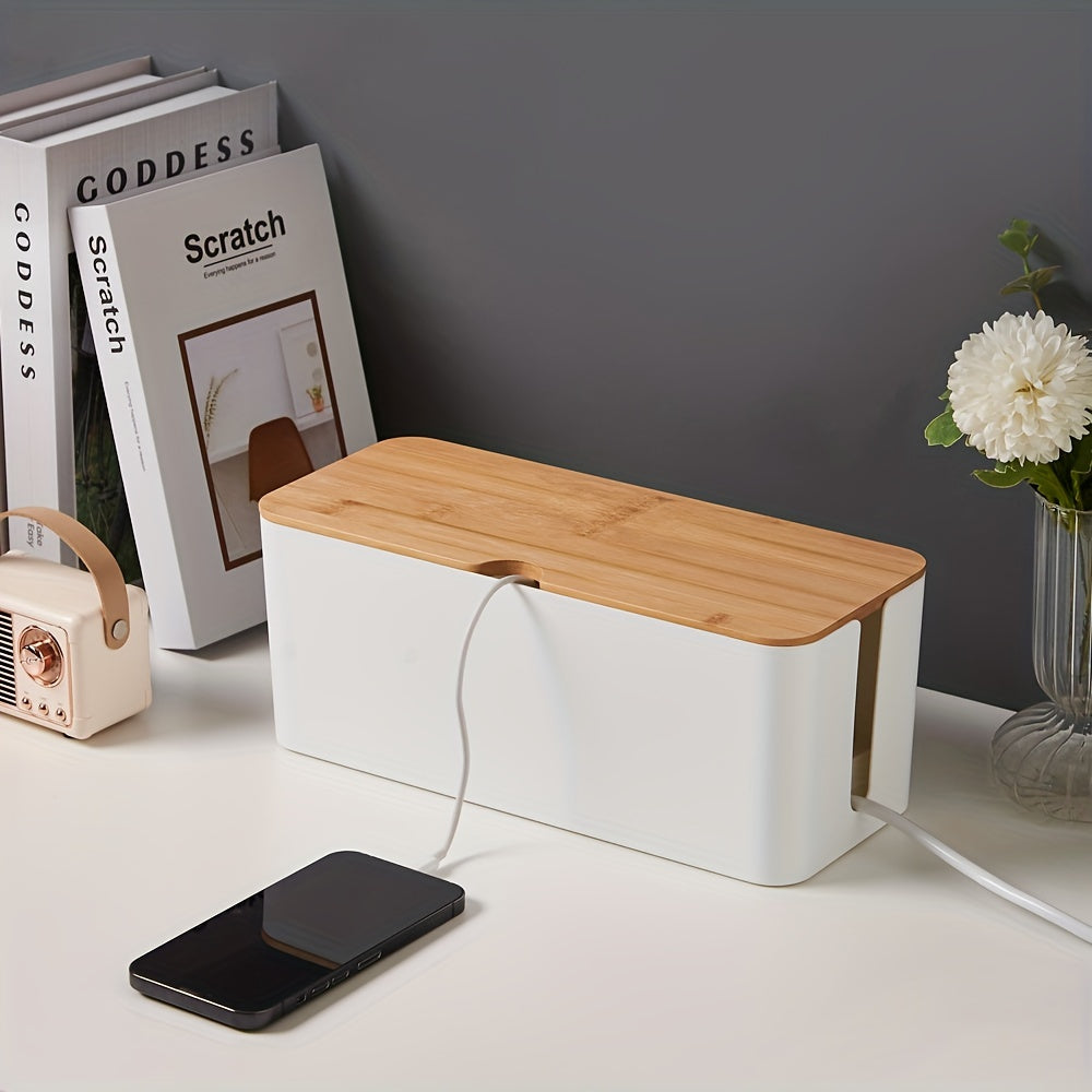 Caja de almacenamiento de escritorio con tapa de madera de bambú para organización de cables y maquillaje