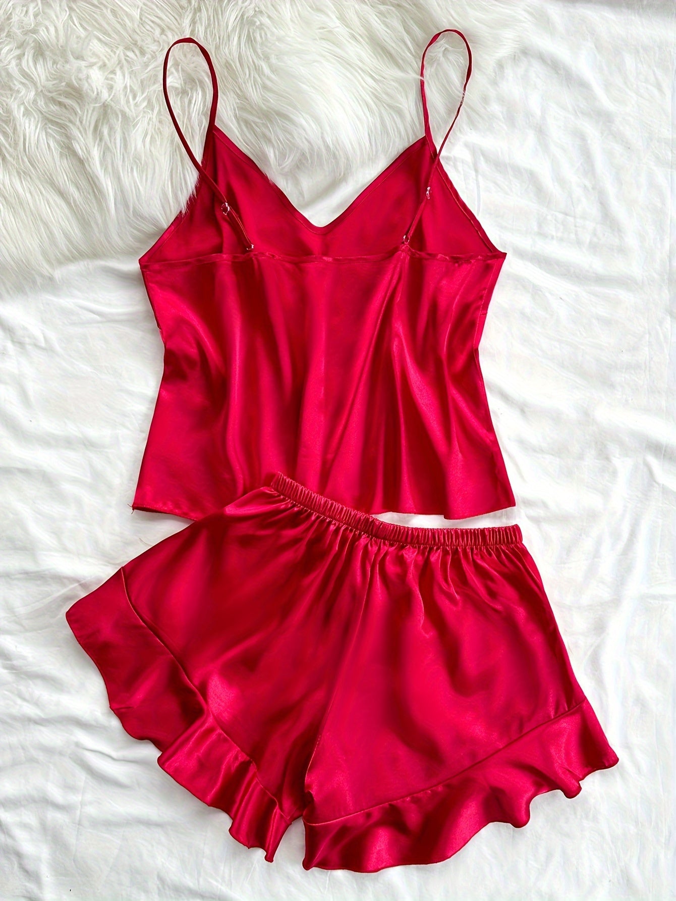 Women's Satin Pajama Set with V-Neck Cami Top and Shorts All-Season Polyester Solid Color