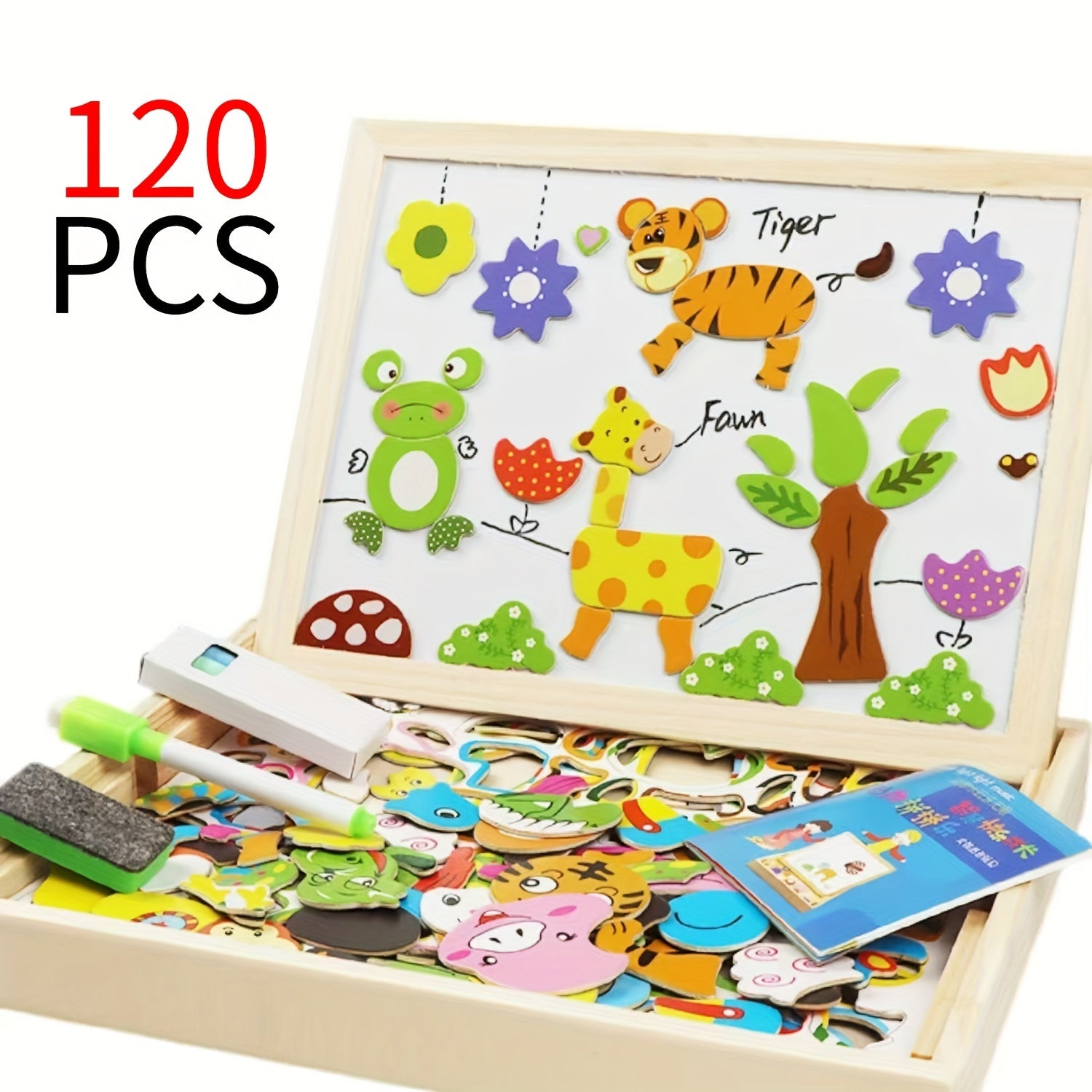 Children's Wooden Puzzle Set with Paintbrush and Chalkboard Educational Toys for Kids Age 3+