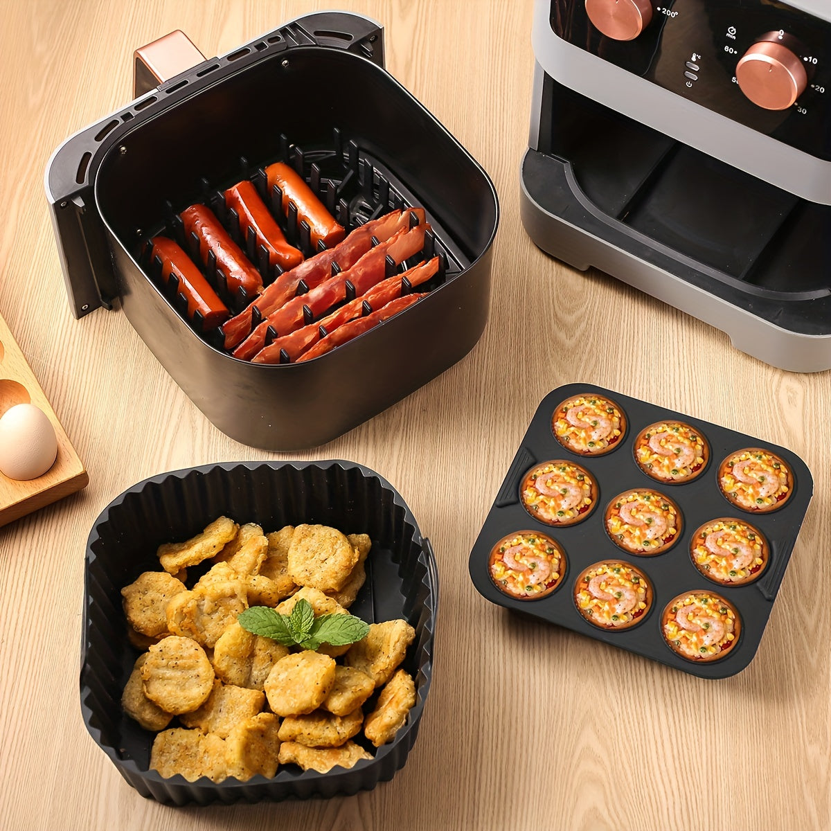 Square Silicone Air Fryer Accessories Set with Bacon Rack Cake Mold and Liner Black