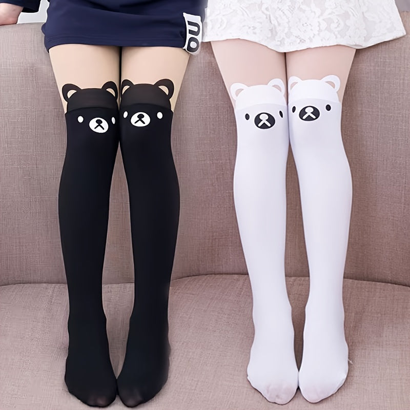 Girls' Leggings with Bear Cartoon Print Soft Breathable Stretchy for Dance Casual Wear Black White