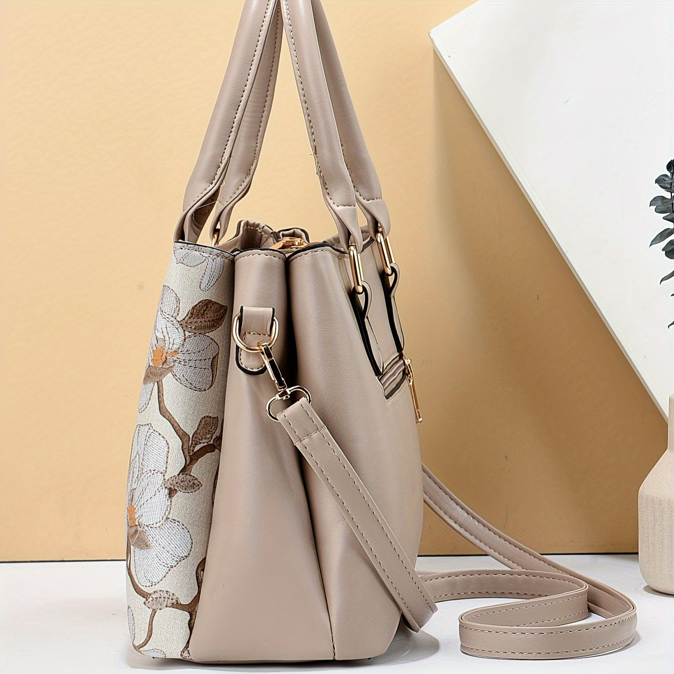 Women's Floral Print Tote Bag with 3-Layer Design Pockets and Zipper in Khaki Green Blue Black