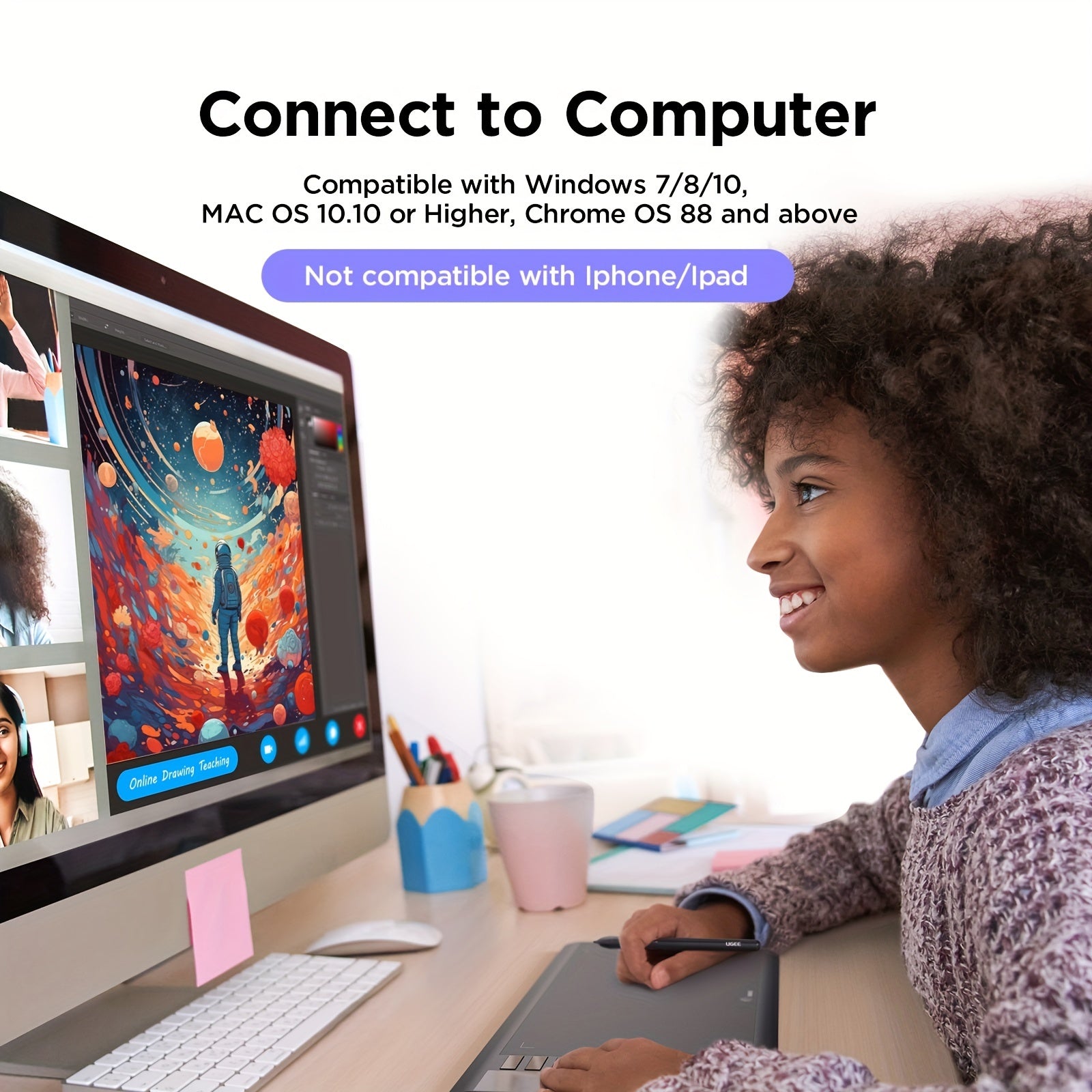Графический планшет для рисования 25,4x15,2 см с 8 горячими клавишами и 8192 уровнями давления для Chromebook, Linux, Windows, Mac OS