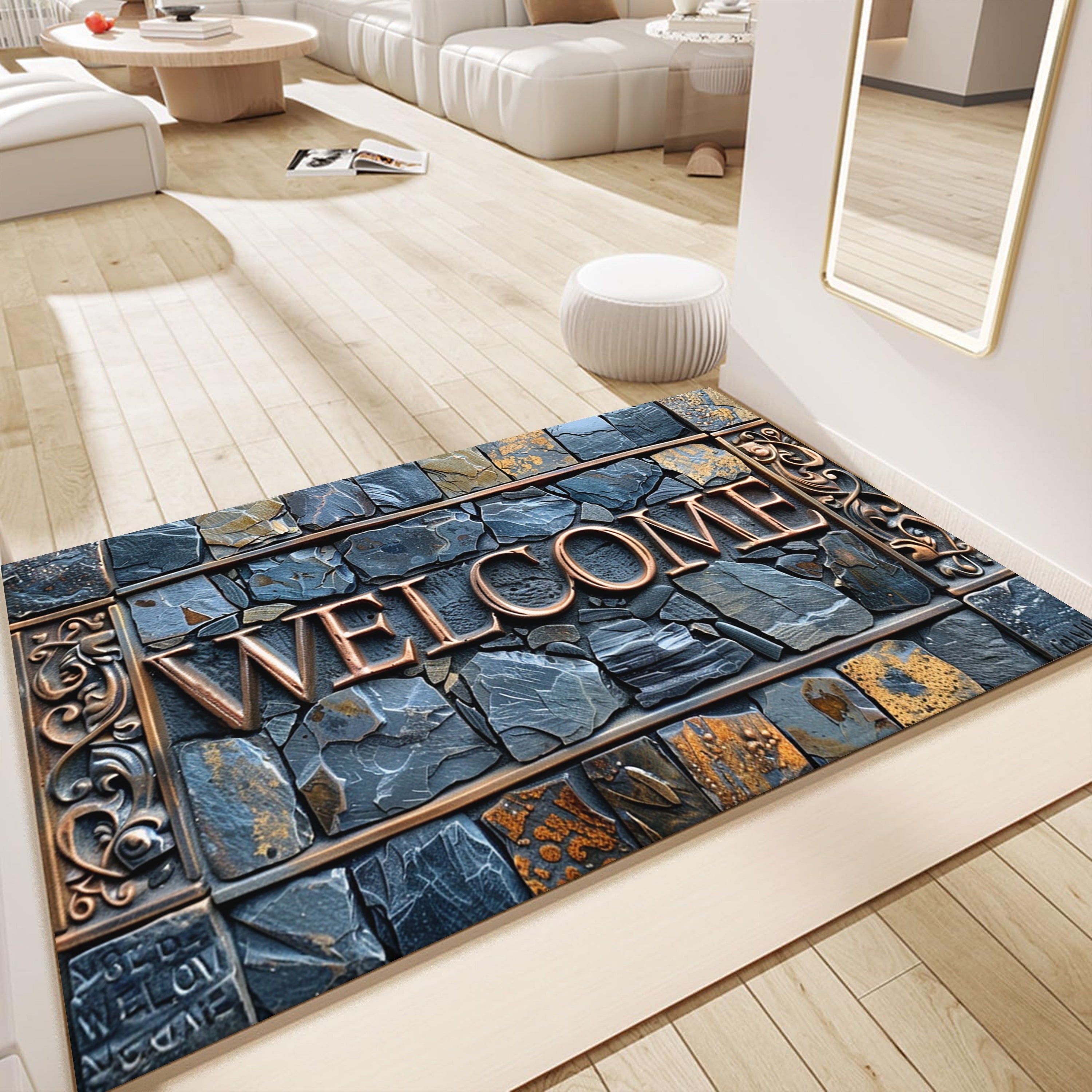 3D Stone Pattern Cobblestone Welcome Mat Waterproof Non-Slip Polyester Entryway Rug