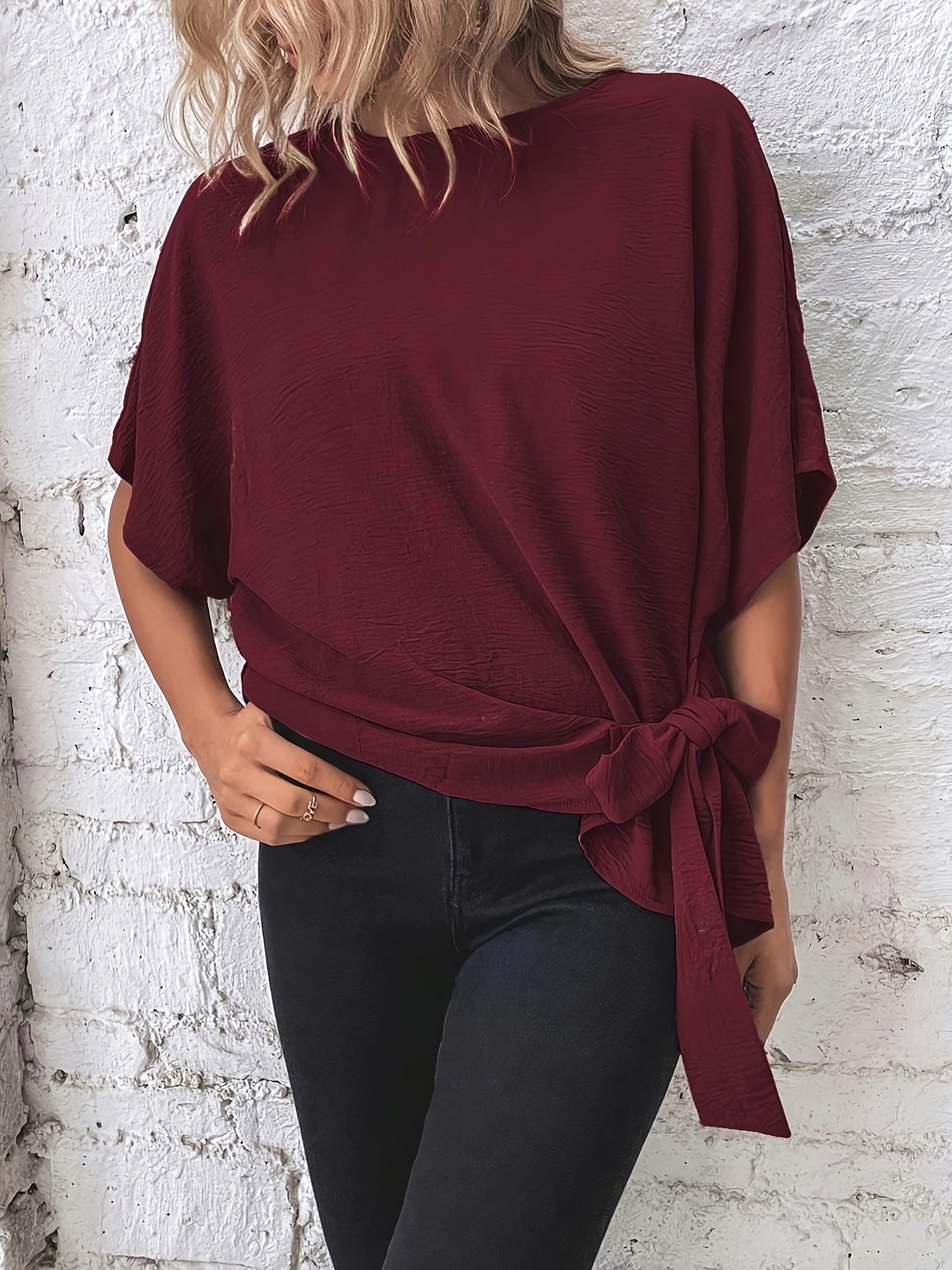 Plus Size Women's Batwing Sleeve Blouse Asymmetrical Knot Casual Shirt