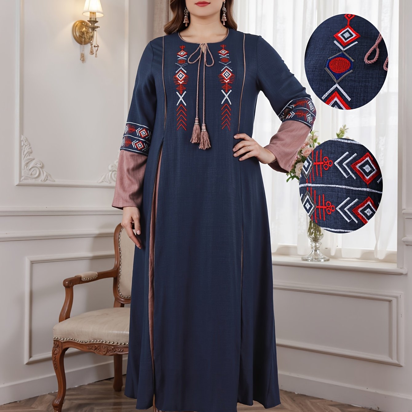 Plus Size Navy Blue V-Neck Maxi Dress With Red White Embroidery