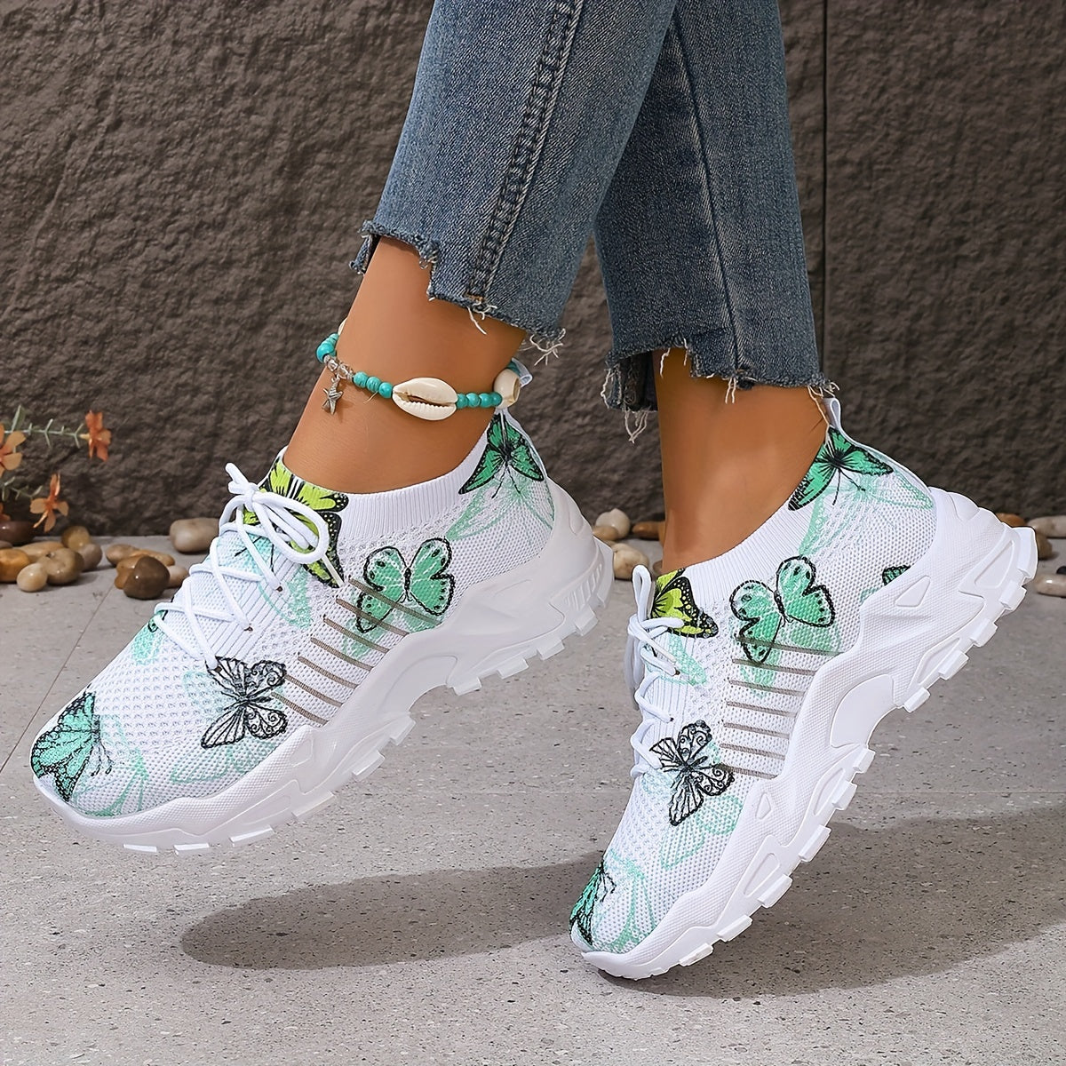 Women's Green Butterfly Pattern Sneakers Lightweight Breathable Running Shoes