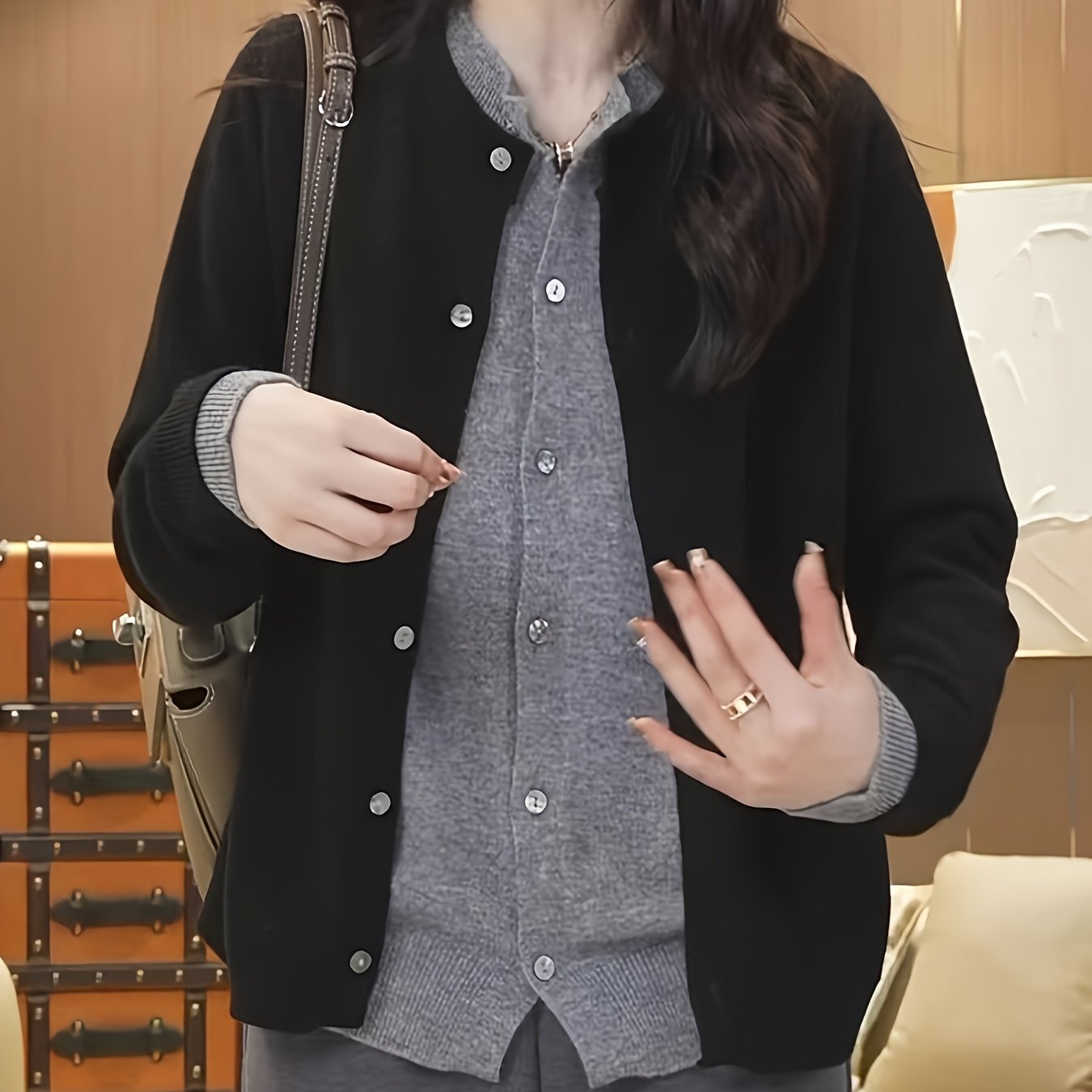 Plus Size Women's Color Block Faux Two-Piece Oversized Cardigan