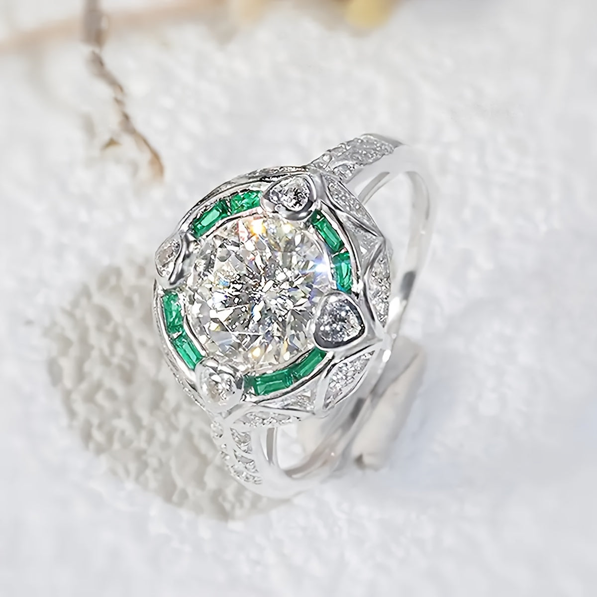 Women’s 2Ct Moissanite Engagement Ring Silver Bohemian Court Style Green Accents