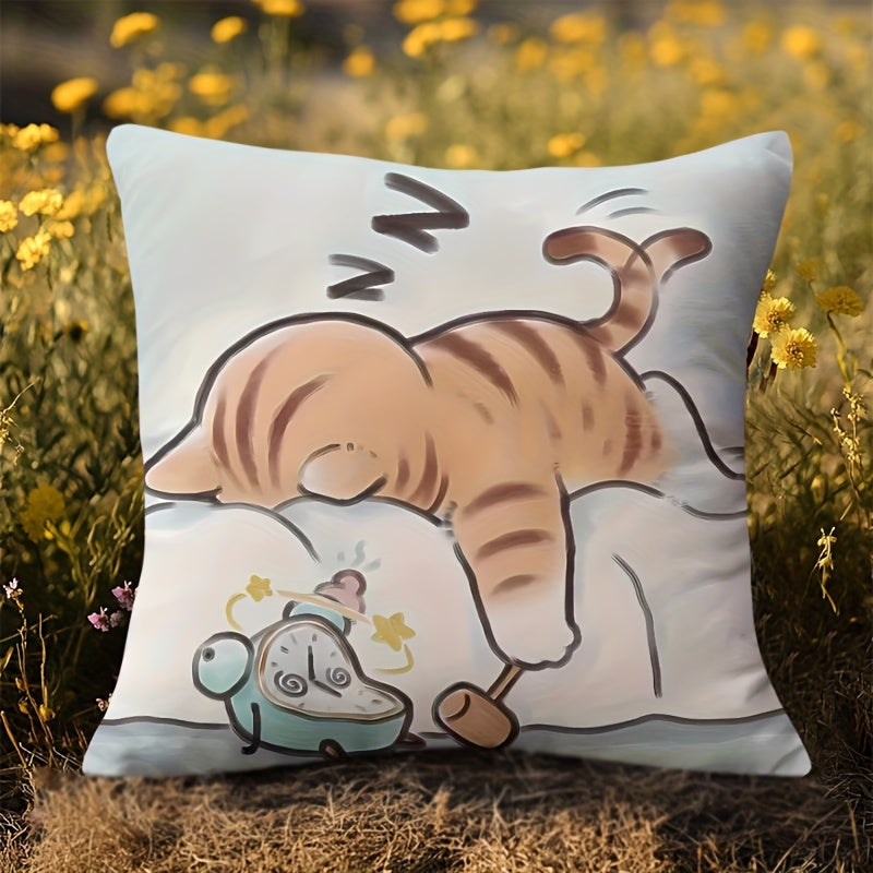 Double-Sided Cat and Mouse Print Decorative Pillow Cover 45cm Polyester Washable