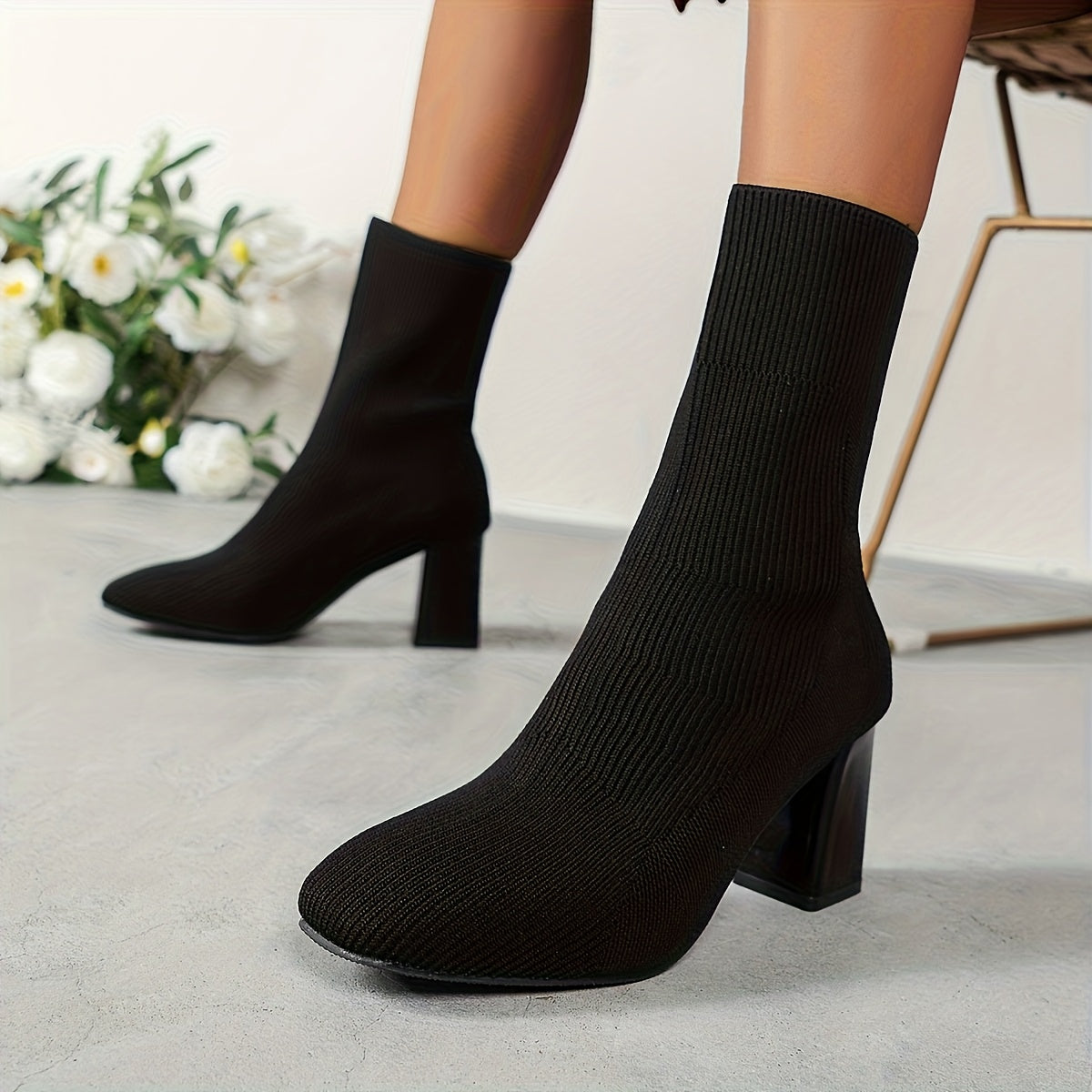 Women's Black Mid-Heel Ankle Boots Casual Slip-On Block Heel All-Season