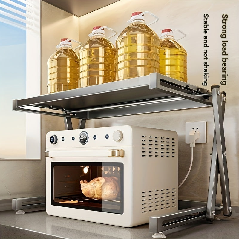 Moslashuvchan joyni tejash dizayni bilan zanglamaydigan po'latdan yasalgan mikroto'lqinli pech uchun javon. Mikroto'lqinli pech va oshxona asosiy buyumlarini saqlash uchun ideal. Bardoshli metall konstruktsiya. O'rnatishni talab qilmaydi.