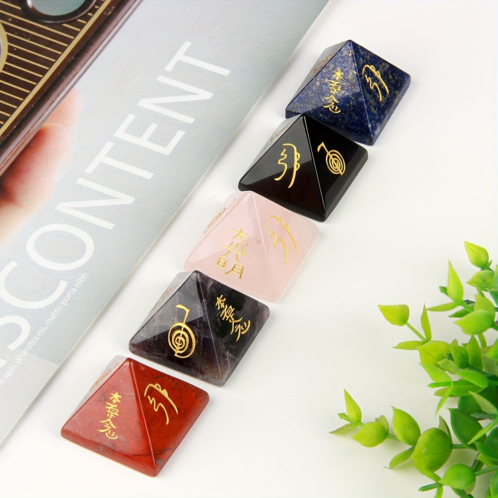 Hand-Carved Reiki Symbol Pyramid Natural Stone with Healing Crystals for Meditation and Gift
